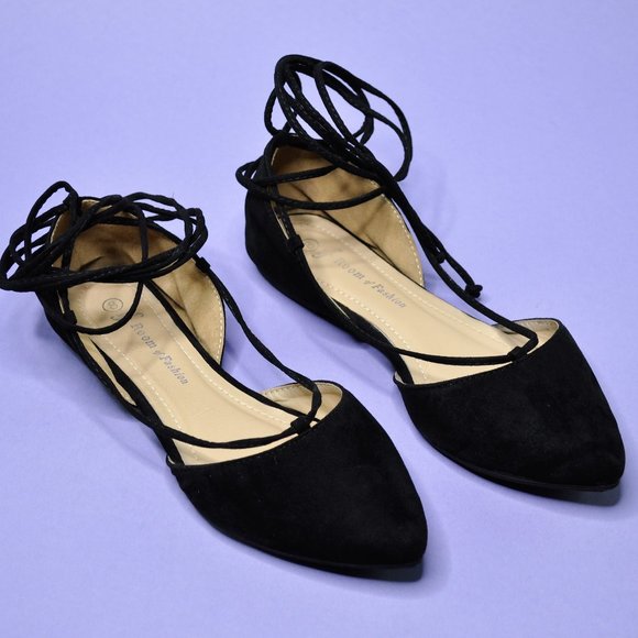 Room of Fashion Shoes - Black Suede Ballerina Flats - Long Ties!